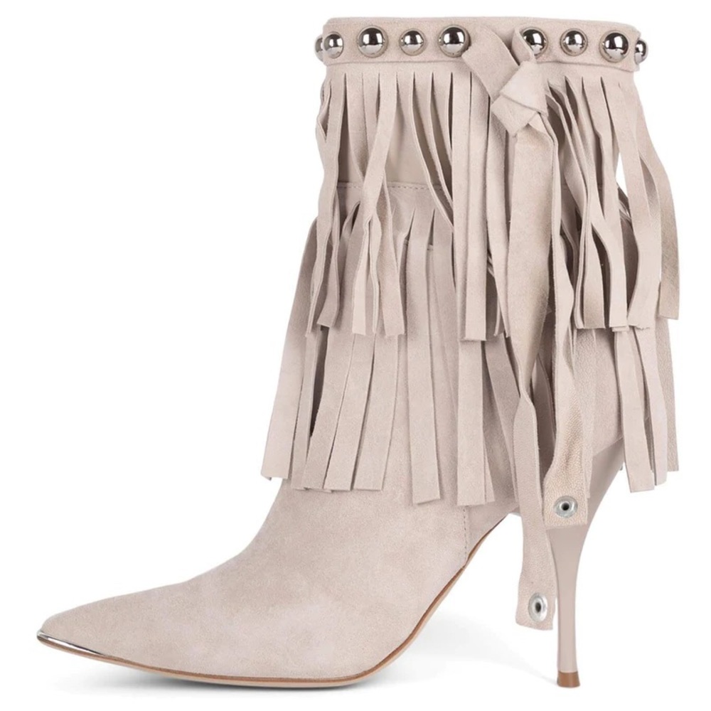 Jeffrey Campbell Stiletto Fringe Stud Bone White Suede Pointed Toe Bootie NWT - Picture 9 of 12